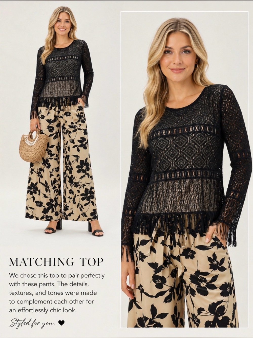 Mix It Black Lace Fringe Boho Blouse Long Sleeve Sheer Overlay Lined Top Size L - Picture 2 of 11